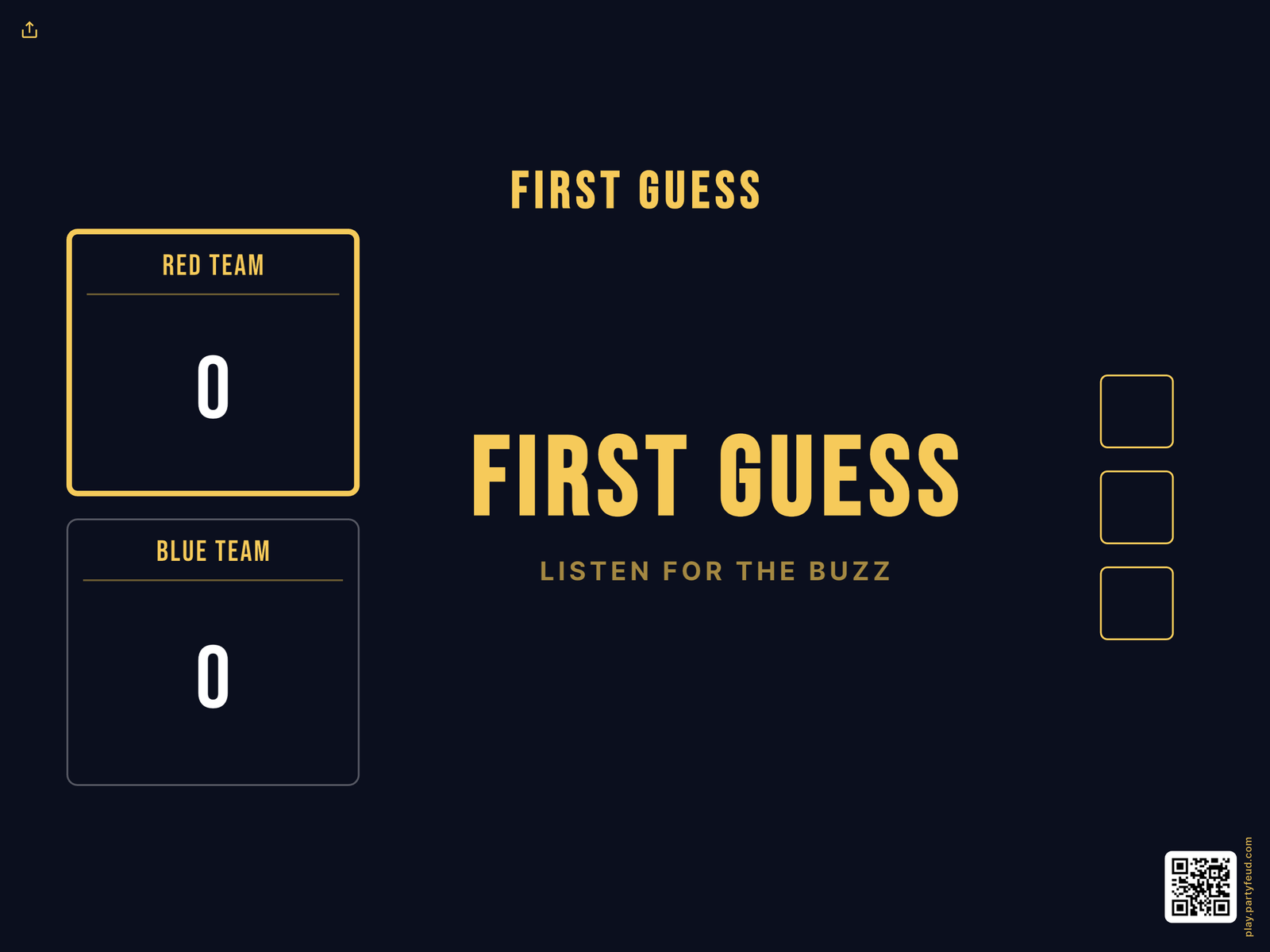 Party Feud FIRST GUESS face-off screen — both teams at zero, waiting for the first buzz