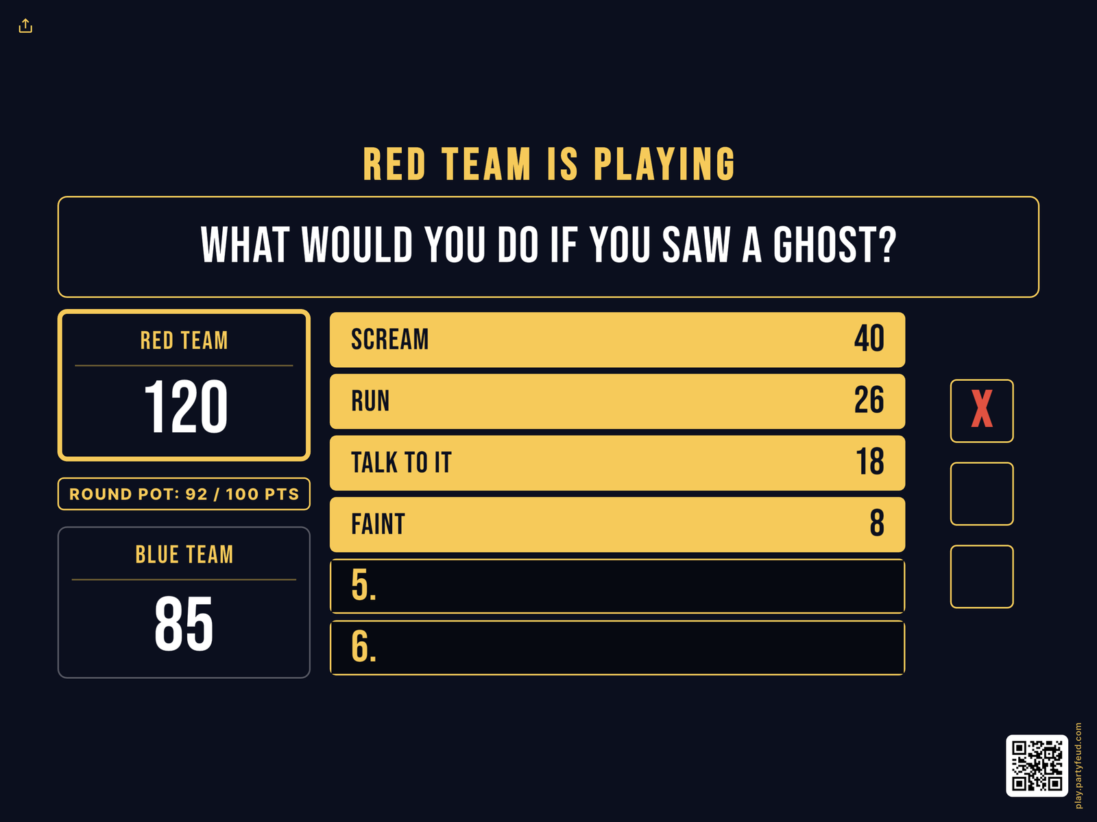 Survey Showdown board on a TV — a survey question with revealed answers, points, the round pot and a strike
