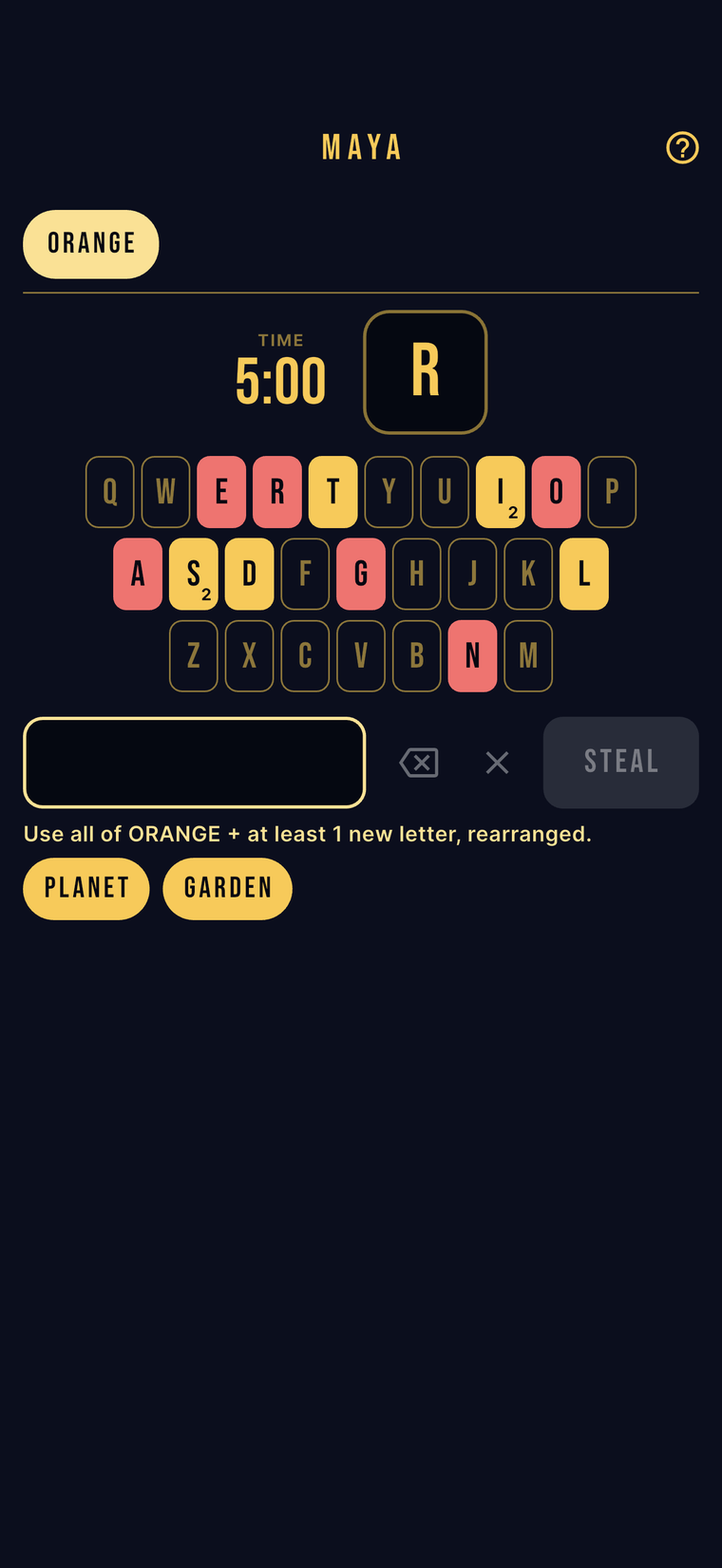 Letteroma steal screen in Party Feud — a player's letter rack with a STEAL action and a prompt to reuse all of an opponent's letters plus at least one new letter, rearranged